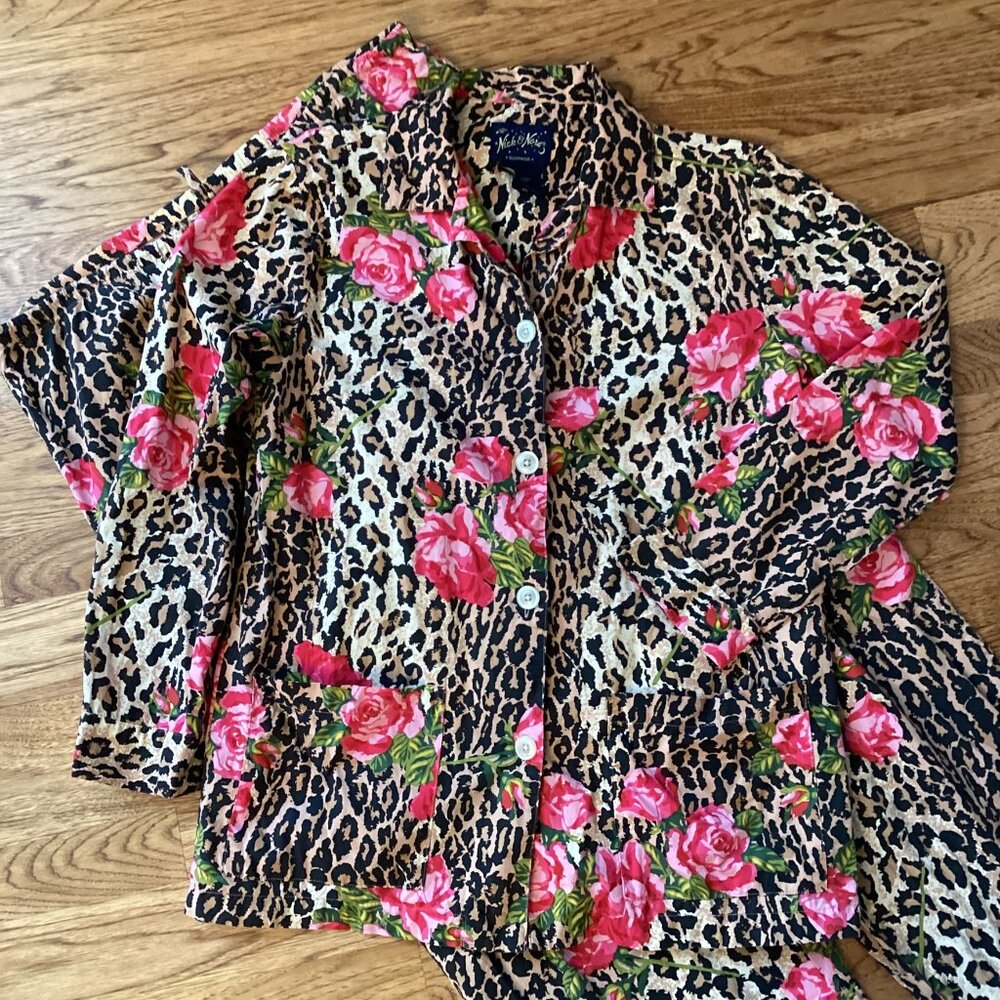 Nick & Nora 2pc Leopard Cheetah Animal & Rose Print Cotton Pajama Pant Set SMALL - Picture 2 of 4